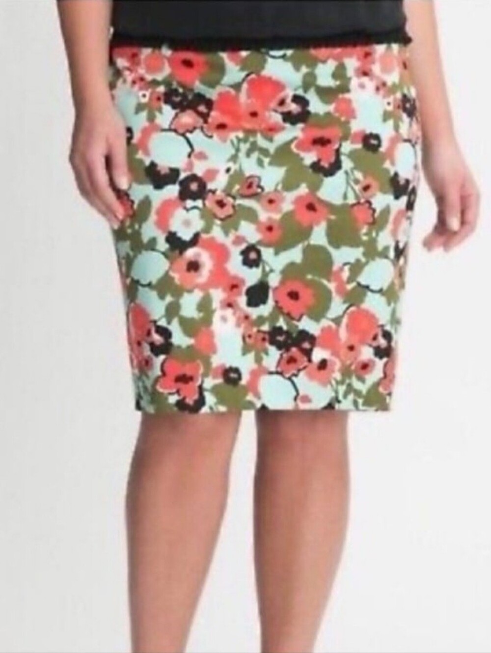Lane Bryant Aqua and Coral Floral Pencil Skirt, Plus 20, Cotton Blend